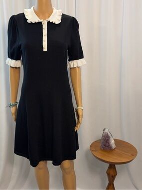 CeCe Ruffled Collar Knit Sweater Dress - Black & Cream- Size M